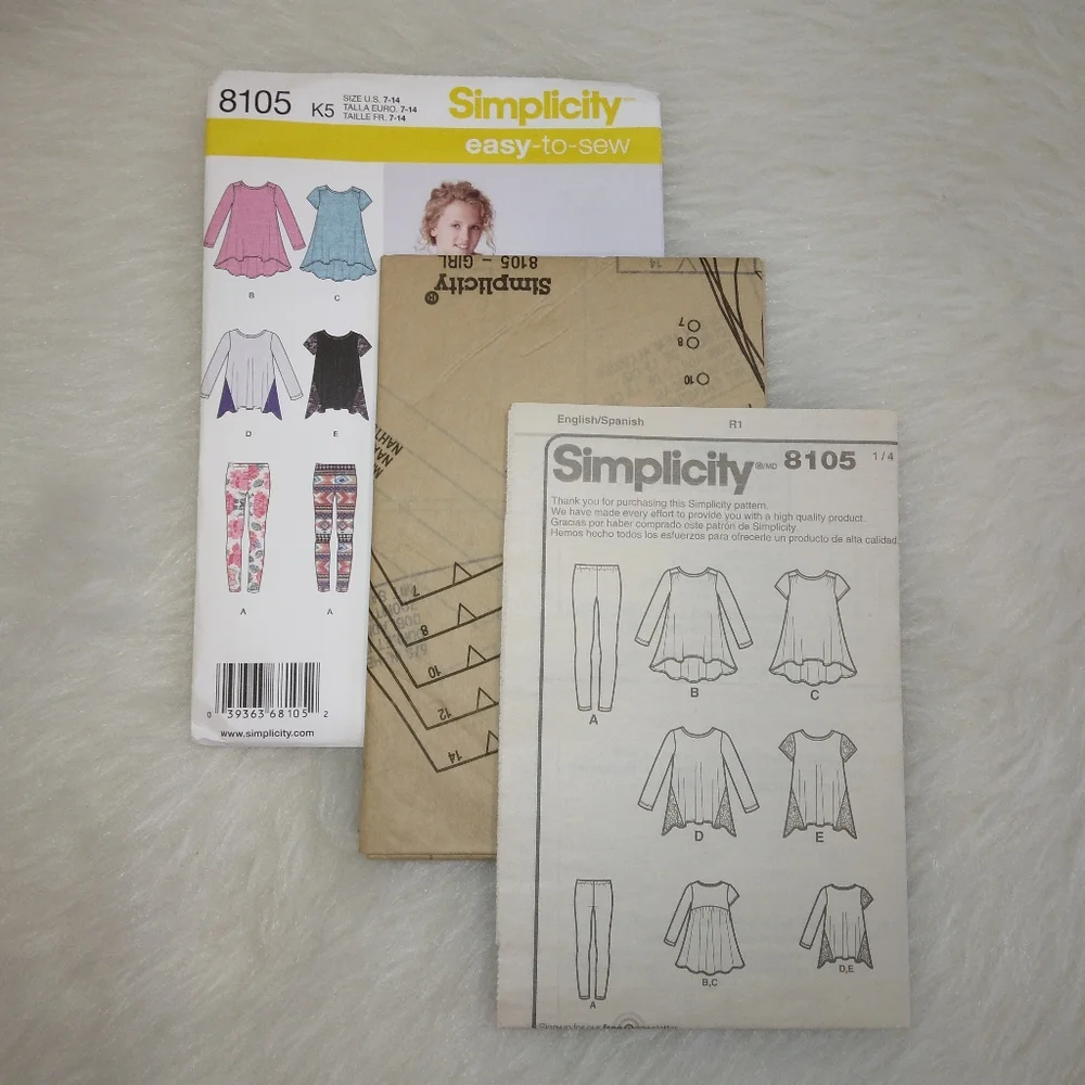 SIMPLICITY 8105 Easy-to-Sew Child's & Girl's knit tunic and leggings size 7-14